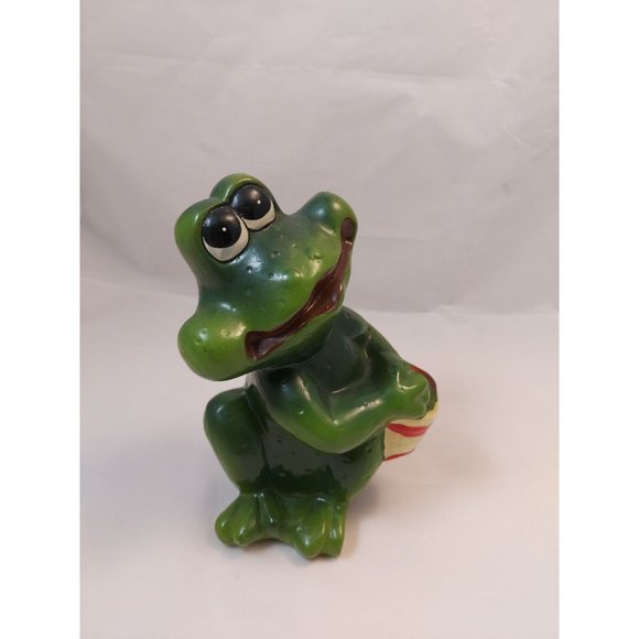 Vintage Terracotta Pottery Green Frog, dreaming Big Eyes Look Up Figure  7" - Picture 7 of 10
